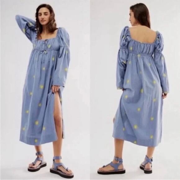 Free People Women's Small Blue Sunburst Embroidered Babydoll Midi Dress Cotton - Picture 1 of 11